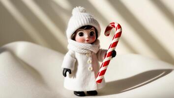 A toy figurine in a white coat and hat holding a candy cane photo