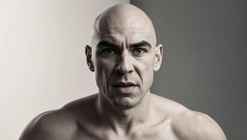 A bald man with no shirt on looking at the camera photo