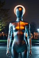 A woman in a shiny suit standing in the dark photo