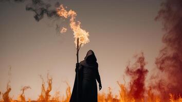 A man in a cloak standing in front of a fire photo