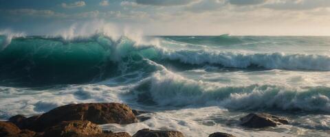 A large wave crashing on the rocks photo