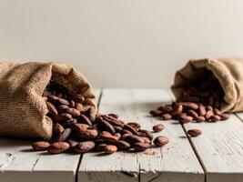 Cocoa beans in a sack on a wooden table photo