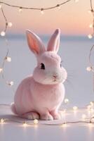 A pink rabbit is sitting in front of a frame of lights photo