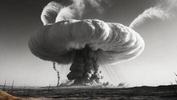 A black and white photo of a nuclear explosion