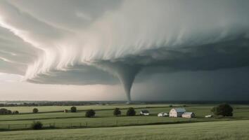 A tornado is seen over a farm in the middle of a field photo