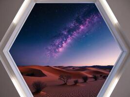 A hexagon shaped window with a view of the desert photo
