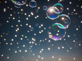 Soap bubbles floating in the air with stars in the background photo