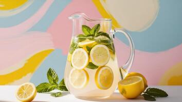 Lemonade in pitcher with mint leaves on colorful background photo