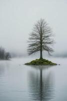 A lone tree stands on an island in the middle of a lake photo
