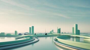 A futuristic city with a highway and a river photo