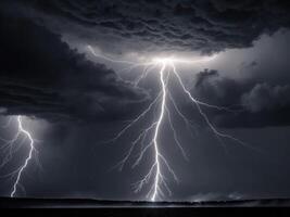 Lightning strikes over a dark sky with clouds photo