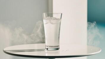 A glass of water with ice on top of a table photo