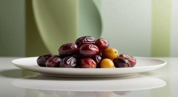 A plate of dates and olives on a table photo