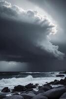 A stormy sky over the ocean with rocks and waves photo