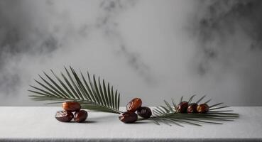 Date palm leaves and dates on a table photo