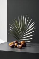 Date palm leaves and dates on a table photo