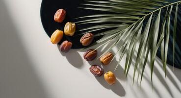 Date palm leaves and dates on white background photo