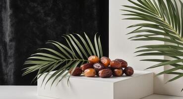 Date palm on white cube with black background photo