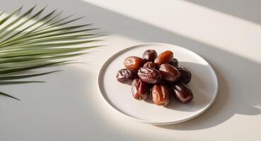 Dates on a plate with palm leaves photo