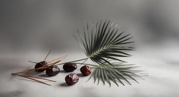 Date palm leaves and dates on a white background photo