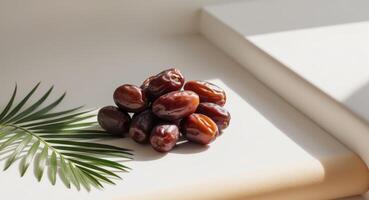 Dates and palm leaf on white surface photo
