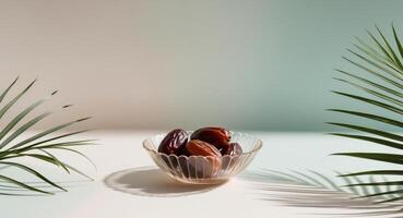 Dates in a bowl with palm leaves on a white background photo