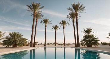 A pool surrounded by palm trees in the desert photo