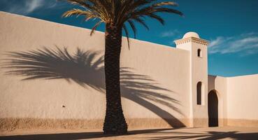 A palm tree casts a shadow on a wall photo