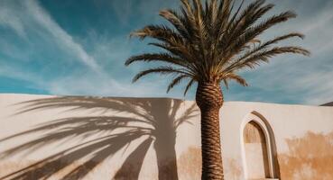A palm tree and a wall with a shadow photo