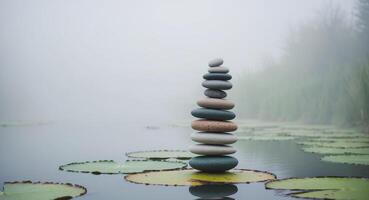 Stacked stones in a pond with water lilies photo