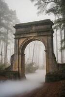 An archway in the fog in the woods photo