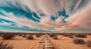 A path in the desert with clouds and rocks photo