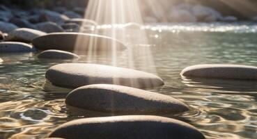 A group of rocks in the water with sunlight shining through photo
