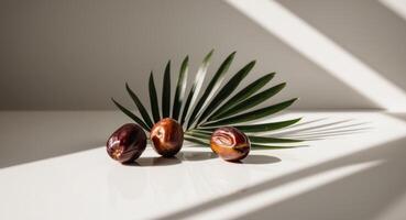 Date palm leaves and dates on white surface photo