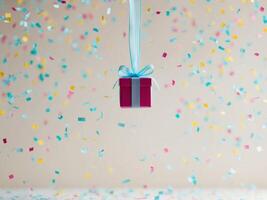 Gift box with confetti and ribbon on white background photo