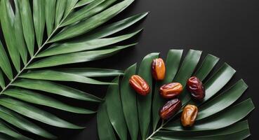 Dates and palm leaves on black background top view photo
