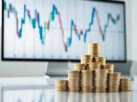 Gold coins on a desk in front of a computer screen photo