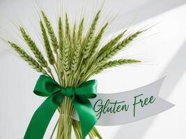 Bouquet of wheat with green ribbon and gluten free sign on white background photo