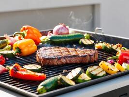 A grill with a steak and vegetables on it photo