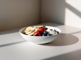 A bowl of fruit and yogurt on a table photo