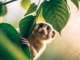 A small monkey is peeking out from behind a leaf photo