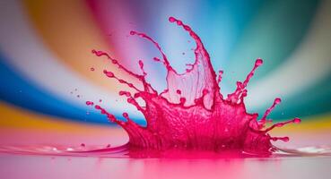 A splash of pink liquid is falling into a colorful background photo