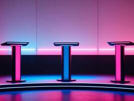 Three podiums with neon lights on them photo