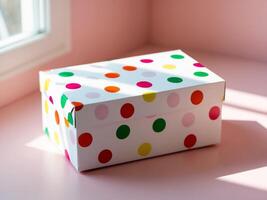 A white box with colorful polka dots on it photo
