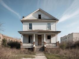 An abandoned house in the middle of a field photo