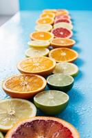 A row of sliced citrus fruits on a blue surface photo