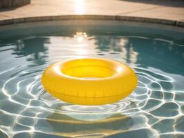 An inflatable yellow ring floating in a pool photo
