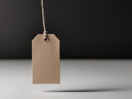Blank blank price tag hanging from a string on a black background photo