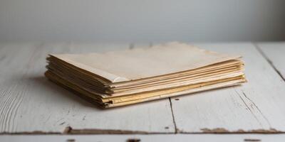 A stack of old paper on a wooden table photo