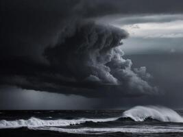 A black and white photo of a stormy sky over the ocean